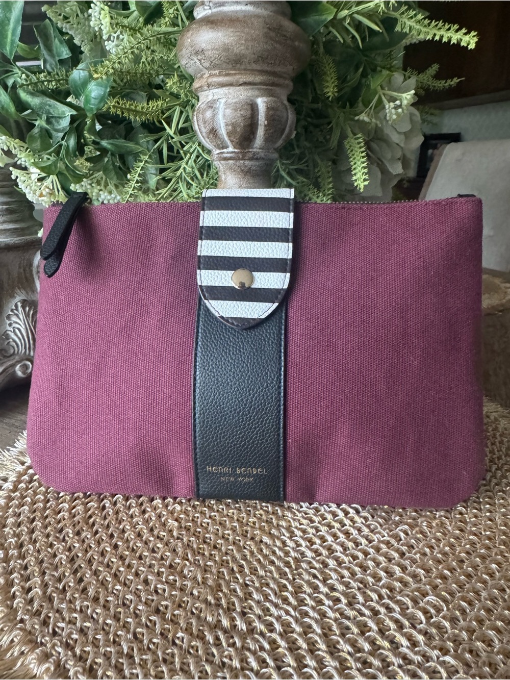 NWOT Henri  Bendel Burgundy Canvas Clutch with Black Trim and Striped Snap